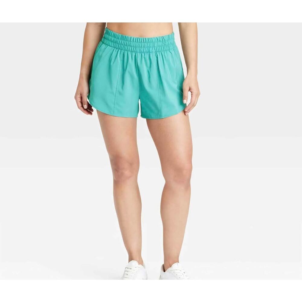 Women's Woven Mid-Rise Run Shorts 3" Teal Green- All In Motion Medium NWT